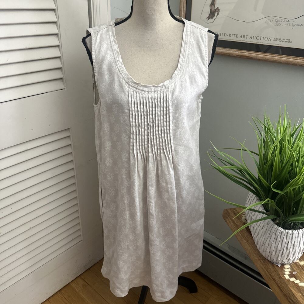 Garnet Hill Dress Womens 10 Beige Linen Shift Dainty Pintuck Minimalist Boho